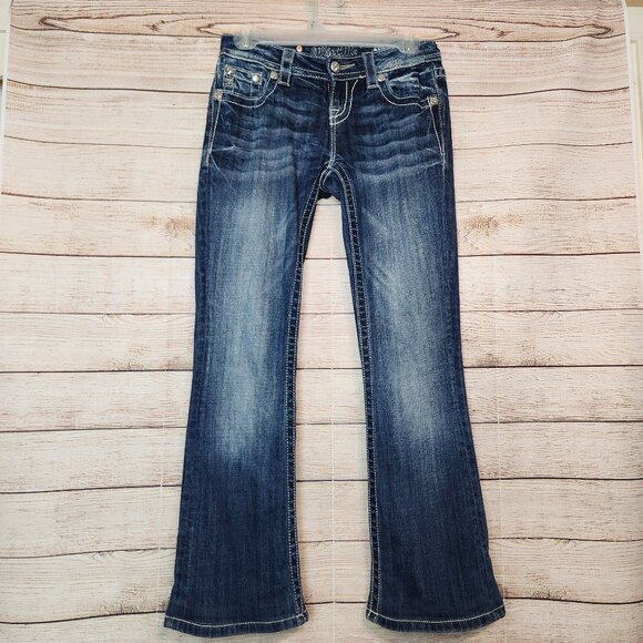 Women's MISS ME Jeans Rhinestone Cross Pockets Low-Rise Relaxed Boot Cut Size 24 - Picture 1 of 16